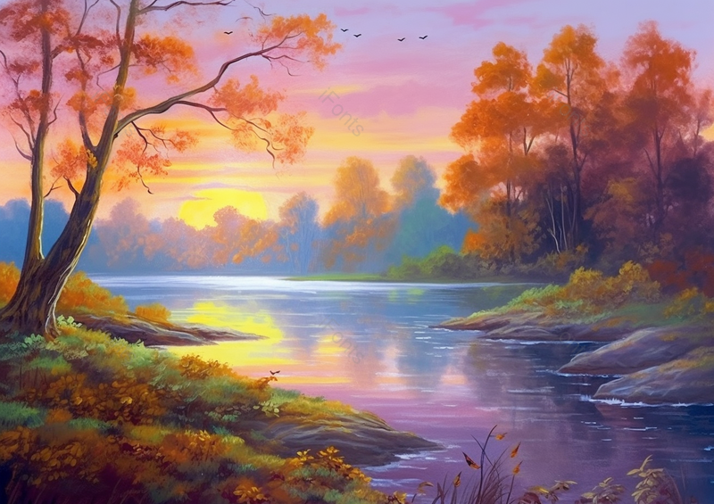 唯美森林河流湖泊日落多彩橙色日落油画风格插画,插画/手绘图,插画/手绘图库,插画/手绘图下载,插画/手绘